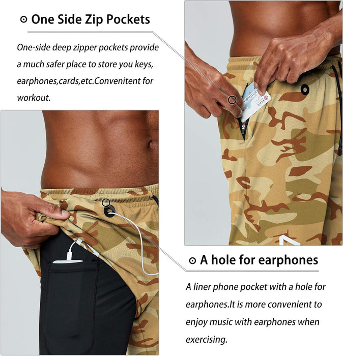 Camo Print Quick Dry Athletic Shorts With Secure Phone Pocket