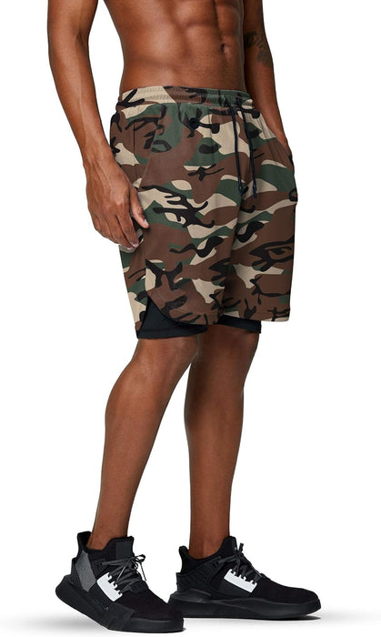 Camo Print Quick Dry Athletic Shorts With Secure Phone Pocket