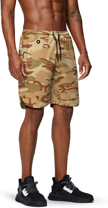Camo Print Quick Dry Athletic Shorts With Secure Phone Pocket