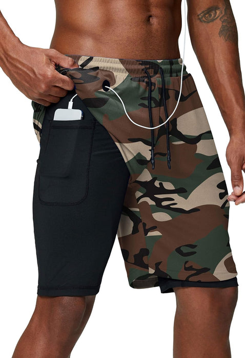 Camo Print Quick Dry Athletic Shorts With Secure Phone Pocket