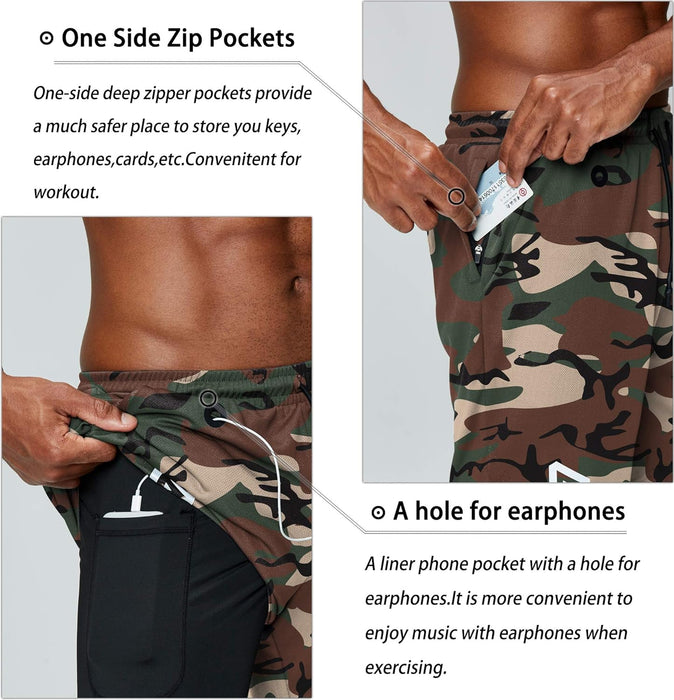 Camo Print Quick Dry Athletic Shorts With Secure Phone Pocket