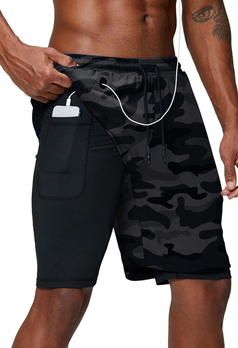 Camo Print Quick Dry Athletic Shorts With Secure Phone Pocket