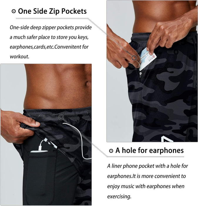 Camo Print Quick Dry Athletic Shorts With Secure Phone Pocket