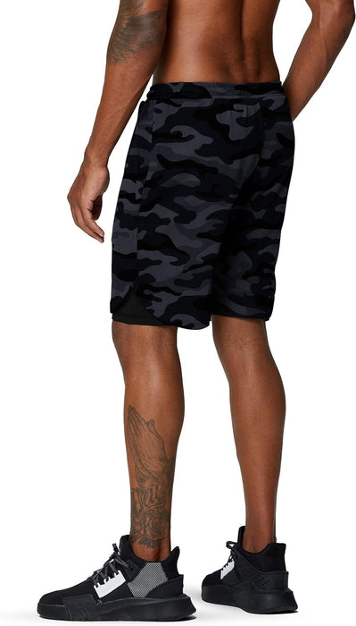 Camo Print Quick Dry Athletic Shorts With Secure Phone Pocket