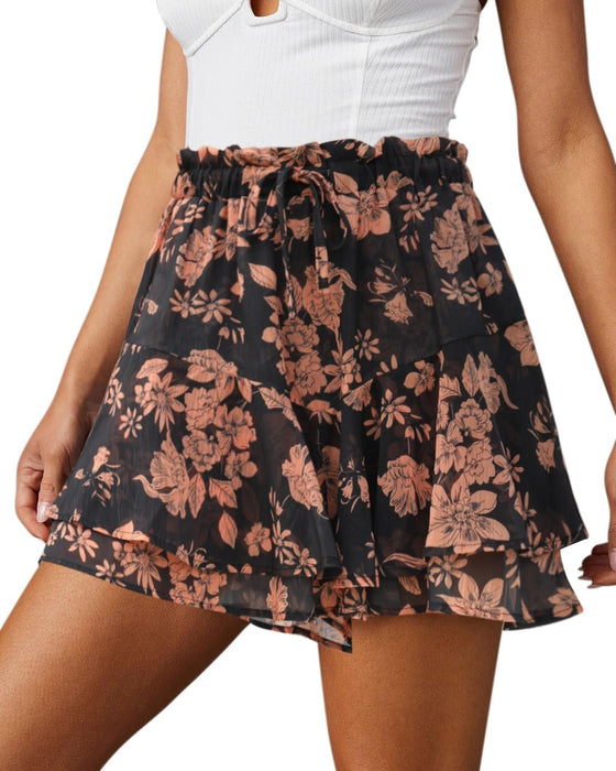 Woman Floral Design Double Layer Shorts