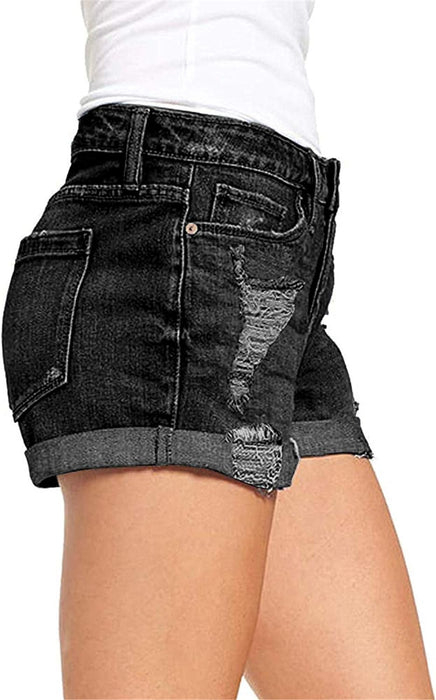 Woman Mid Rise Ripped Jean Shorts With Folded Hem