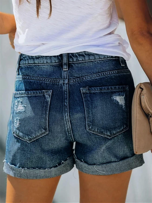 Woman Mid Rise Ripped Jean Shorts With Folded Hem