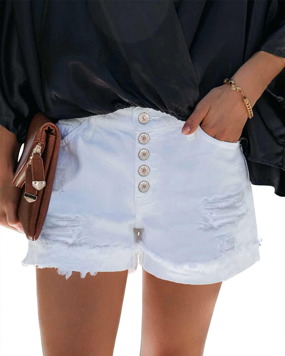 Woman Mid Rise Ripped Jean Shorts With Folded Hem