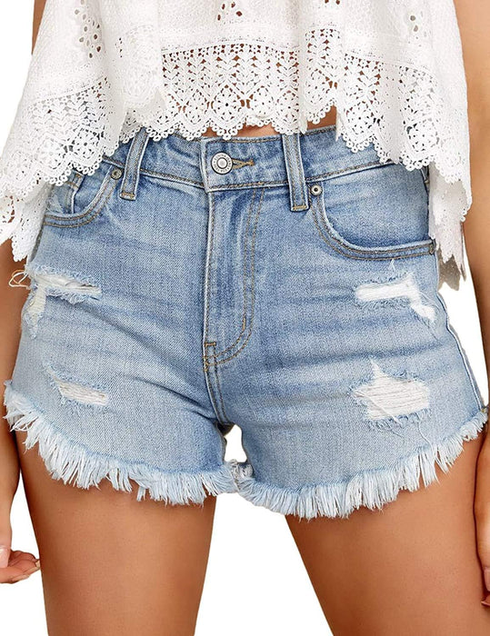 Woman Mid Rise Ripped Jean Shorts With Folded Hem