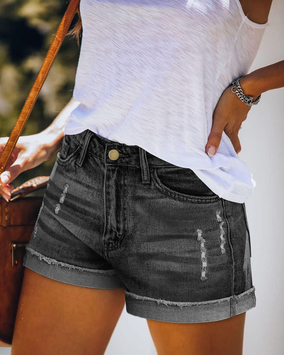 Woman Mid Rise Ripped Jean Shorts With Folded Hem