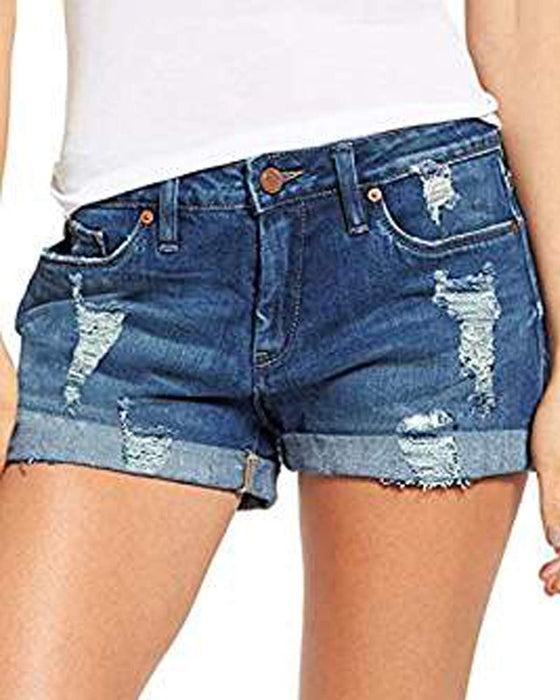 Woman Mid Rise Ripped Jean Shorts With Folded Hem