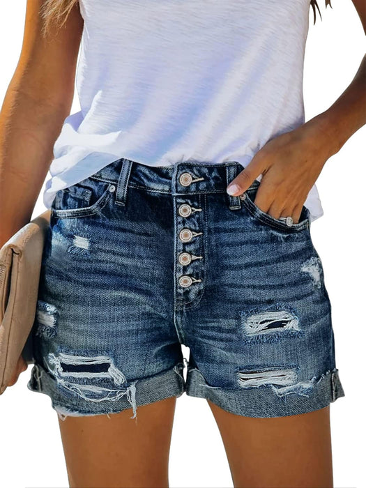 Woman Mid Rise Ripped Jean Shorts With Folded Hem