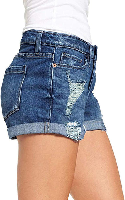 Woman Mid Rise Ripped Jean Shorts With Folded Hem