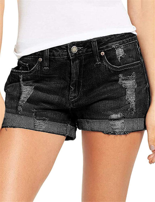 Woman Mid Rise Ripped Jean Shorts With Folded Hem