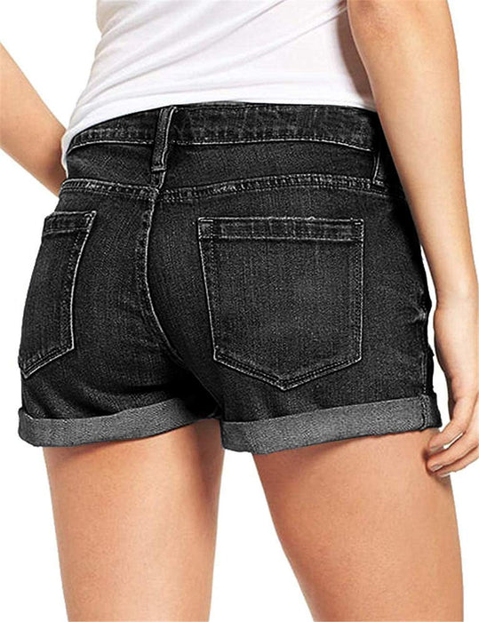 Woman Mid Rise Ripped Jean Shorts With Folded Hem