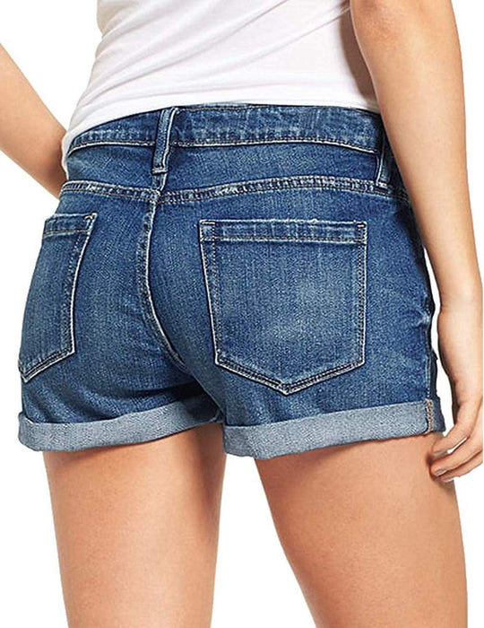 Woman Mid Rise Ripped Jean Shorts With Folded Hem