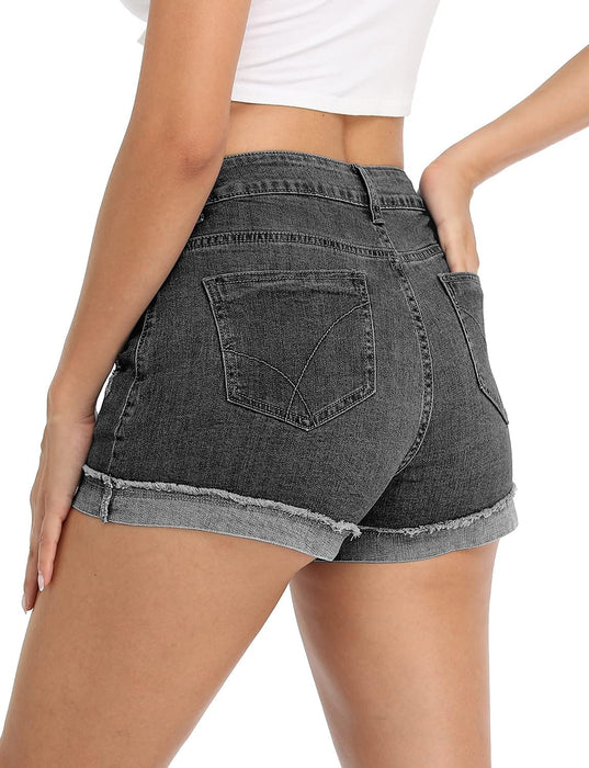 Woman Mid Rise Ripped Jean Shorts With Folded Hem