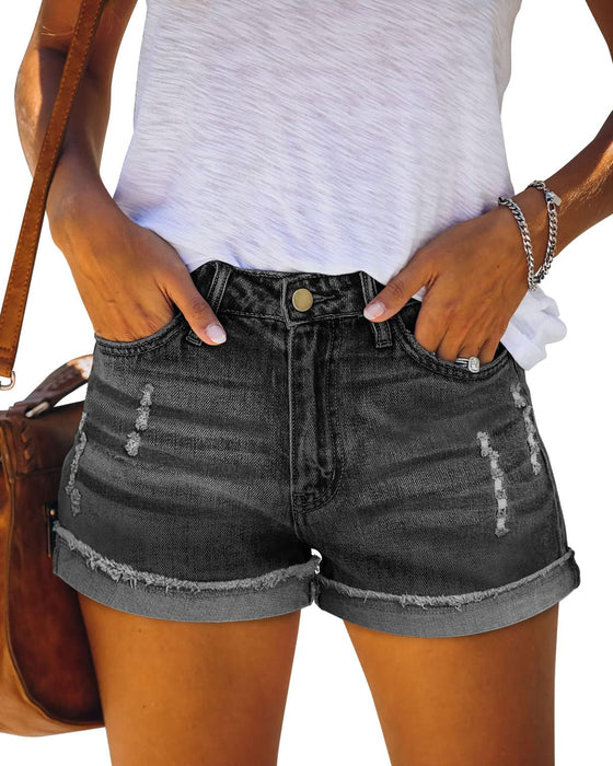 Woman Mid Rise Ripped Jean Shorts With Folded Hem