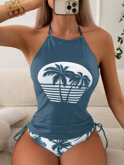 Palm Tree Print Side Halter Bikini Swimsuit
