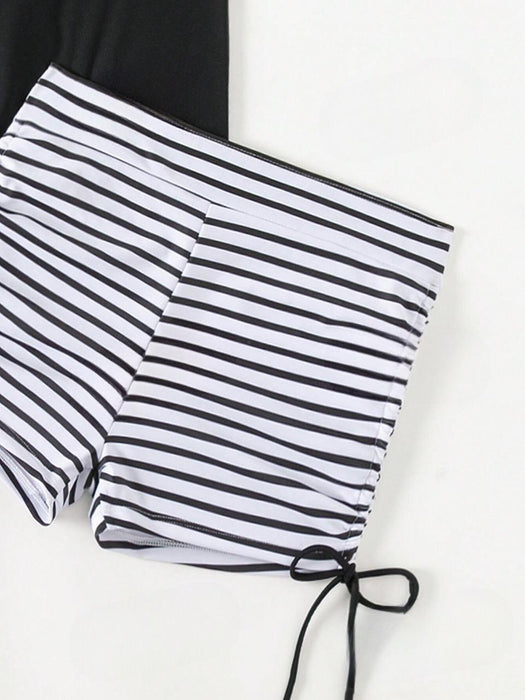 Striped Splicing Double Strap Bikini Set