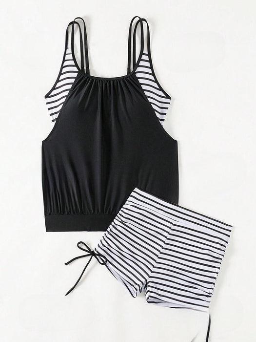 Striped Splicing Double Strap Bikini Set