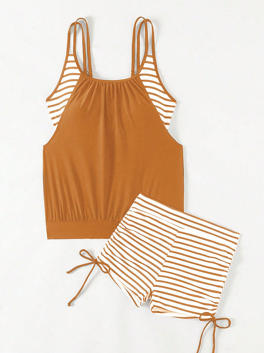 Striped Splicing Double Strap Bikini Set